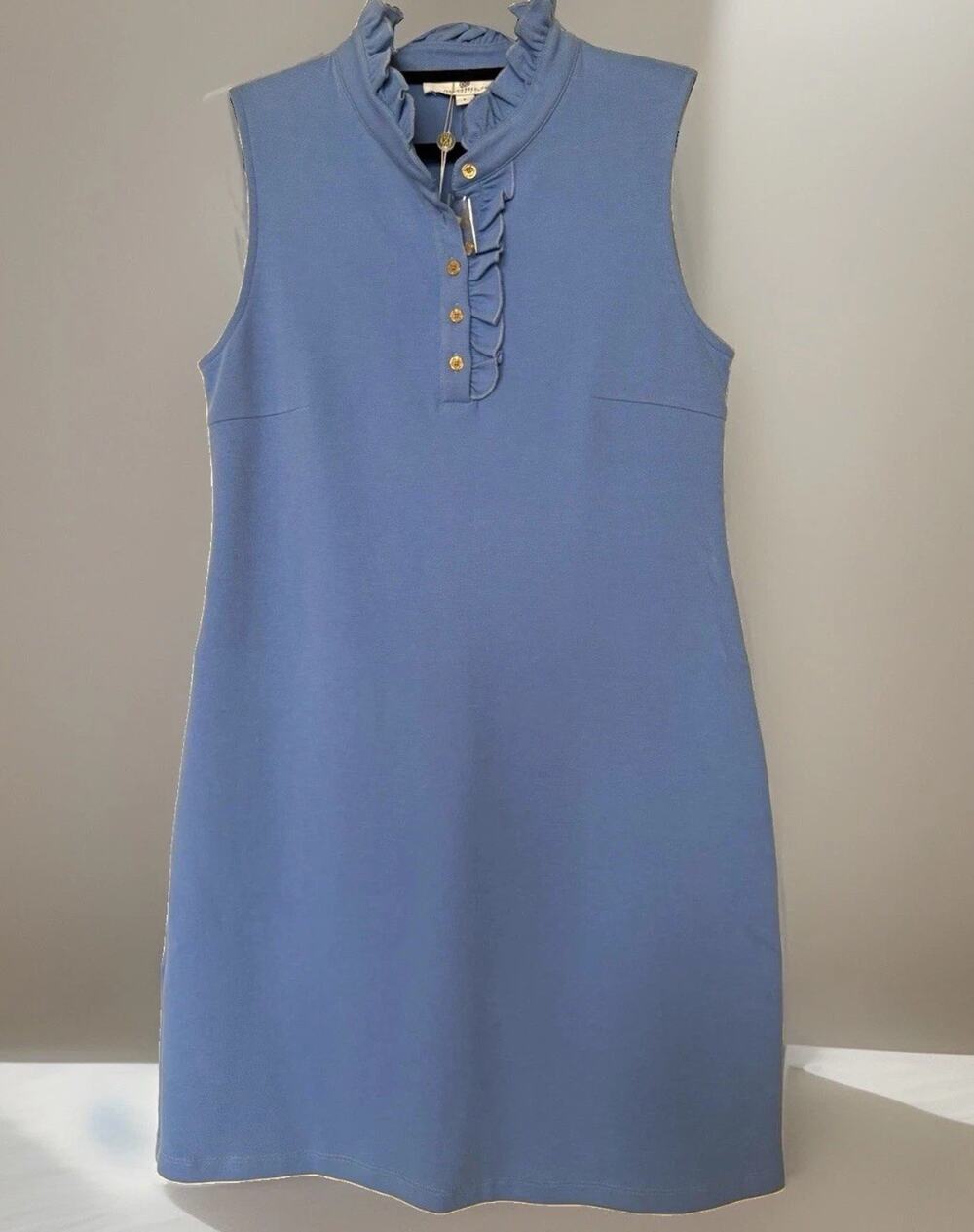 Jean-Pierre Klifa Blue Knit T-Shirt Dress Sleeveless Mock Neck Ruffle Buttons L